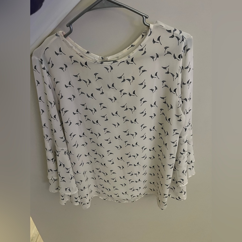 Loft long sleeve white top with black design and bell sleeve